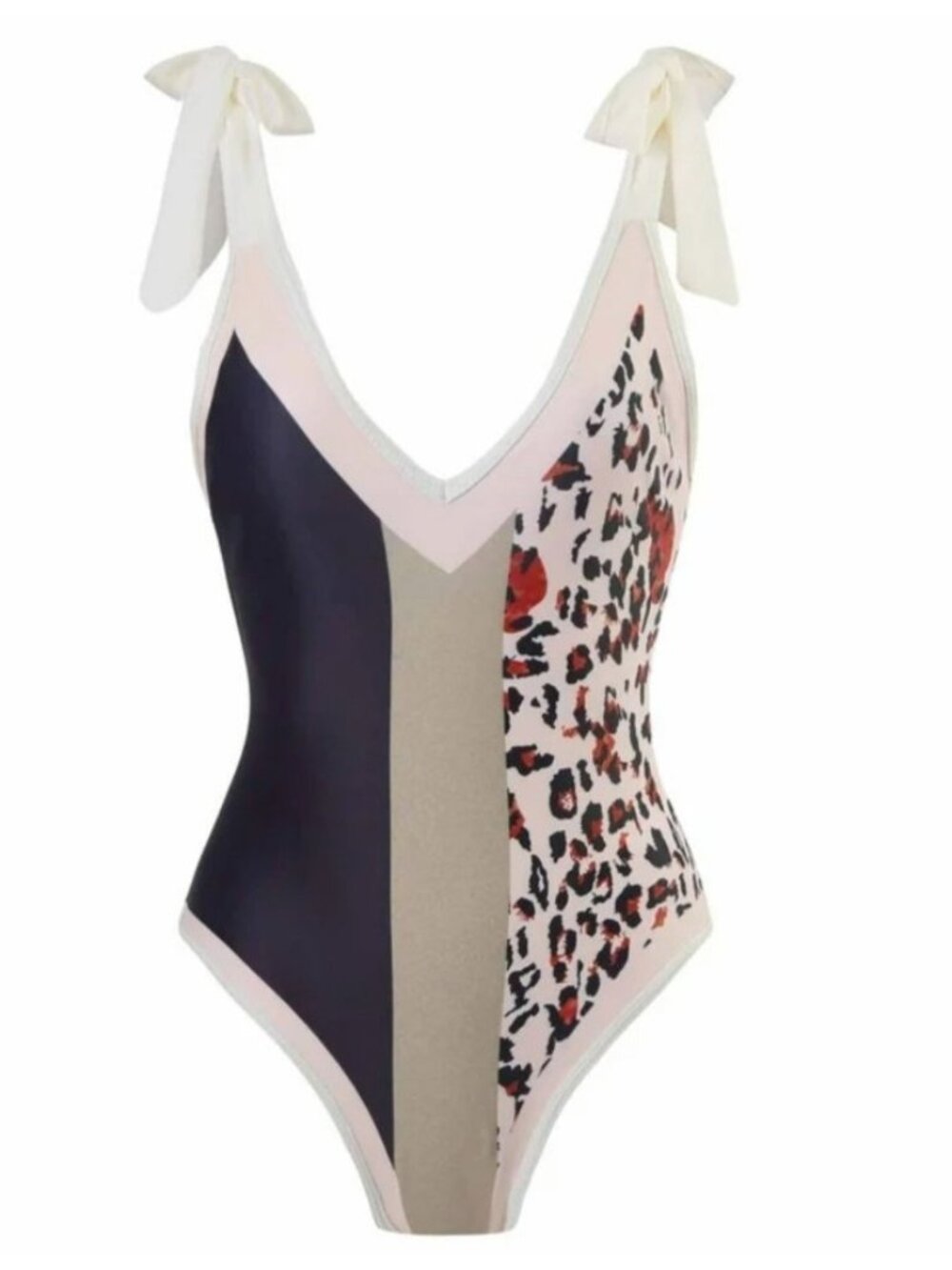 Swimsuit Womens Sz M Green Tan Animal Print  One Piece Tie at Shoulder Bows